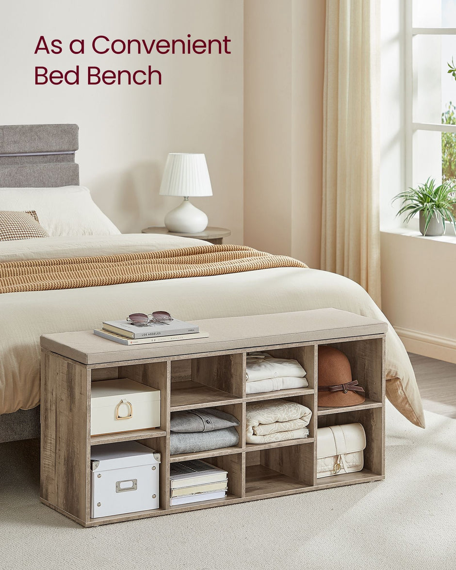 Shoe Bench – Wood – Camel Brown – Padded Seat with 9 Adjustable Compartments
