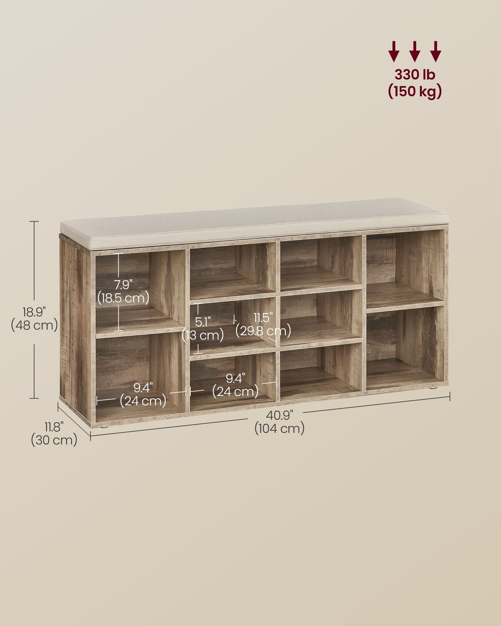 Shoe Bench – Wood – Camel Brown – Padded Seat with 9 Adjustable Compartments