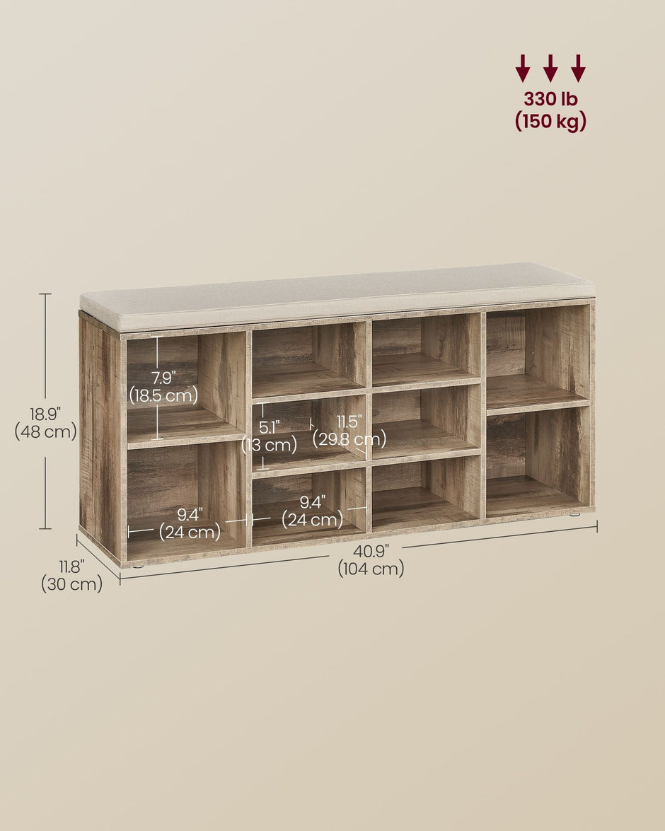 Shoe Bench – Wood – Camel Brown – Padded Seat with 9 Adjustable Compartments