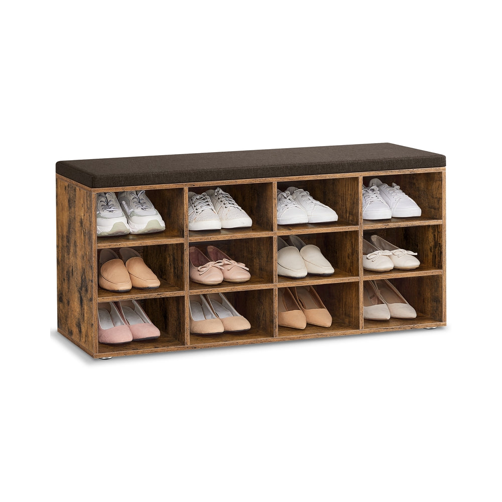 Storage Bench – Engineered Wood – Rustic Brown – Padded Seat with 12 Compartments