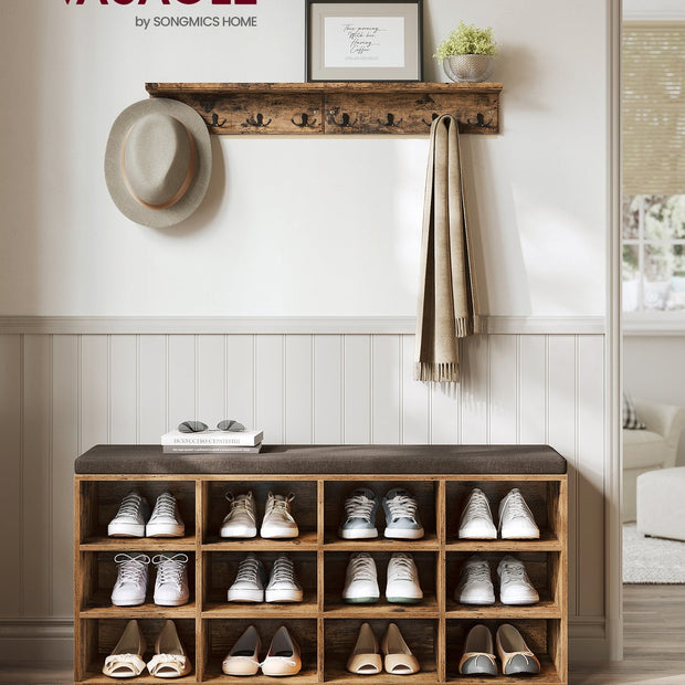 Storage Bench – Engineered Wood – Rustic Brown – Padded Seat with 12 Compartments