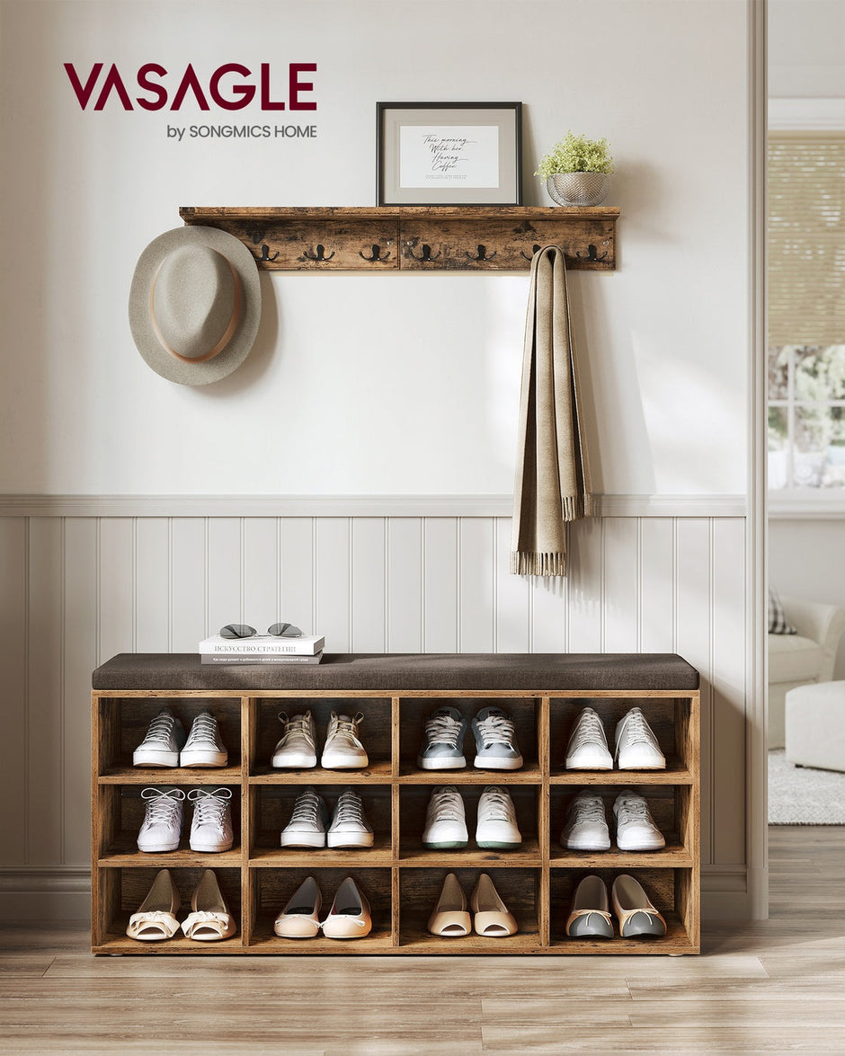 Shoe Bench – Wood – Classic White – Padded Seat with 12 Adjustable Compartments