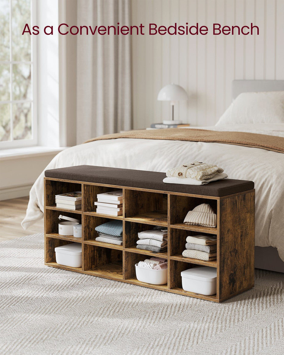 Shoe Storage Bench – Wood – White – Padded Seat with 12 Compartments, Load Capacity 150 kg