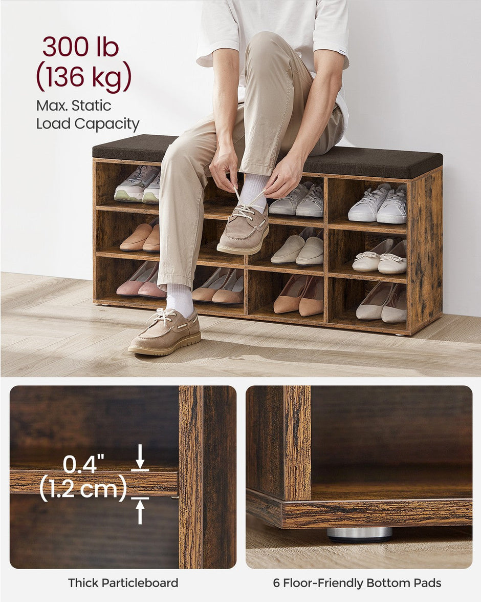 Storage Bench – Engineered Wood – Rustic Brown – Padded Seat with 12 Compartments