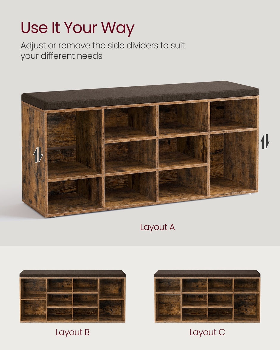 Storage Bench – Engineered Wood – Rustic Brown – Padded Seat with 12 Compartments