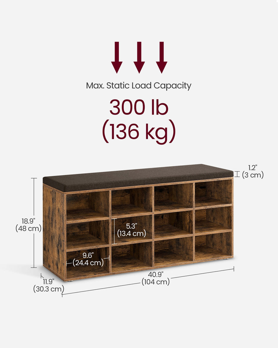 Shoe Storage Bench – Wood – White – Padded Seat with 12 Compartments, Load Capacity 150 kg