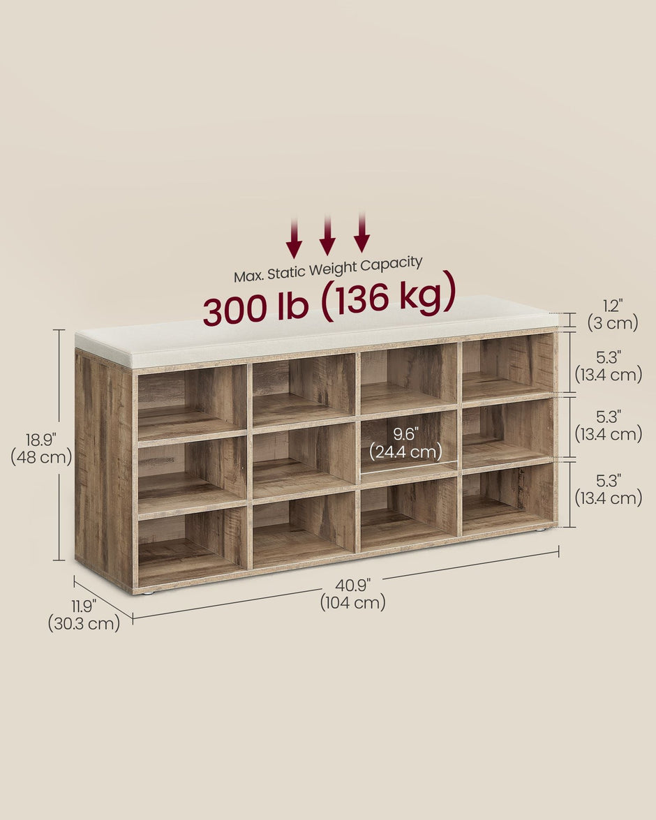 Shoe Bench – Wood – Camel Brown – Padded Seat with Adjustable Compartments
