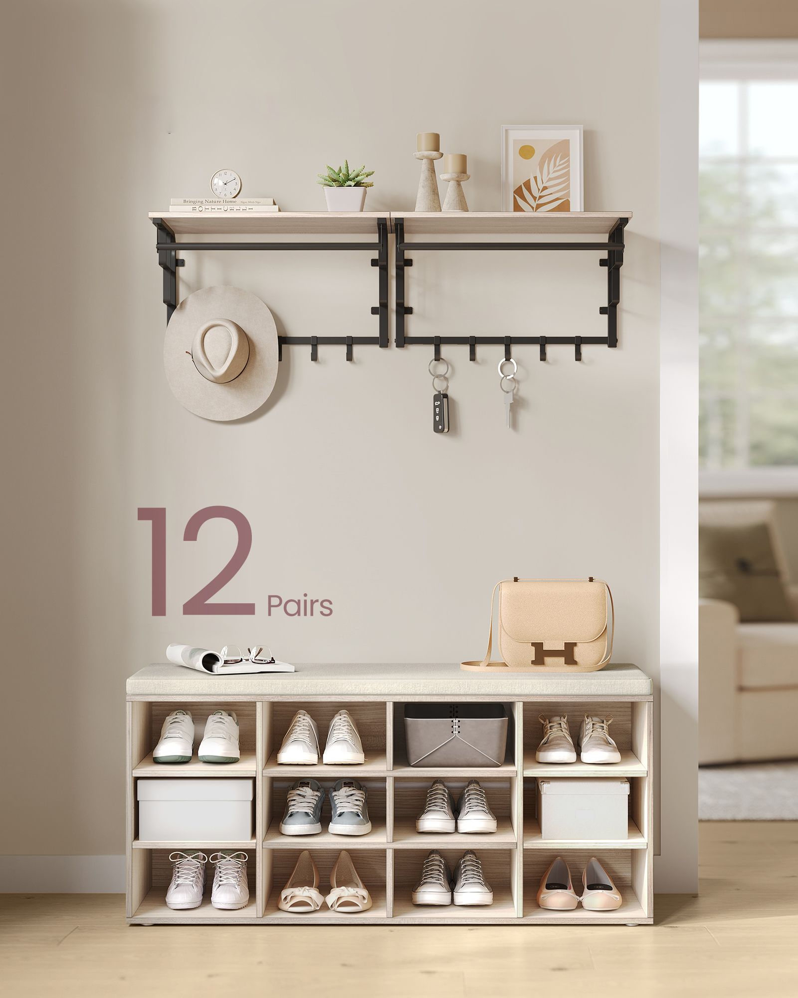 Storage Bench – Wood – Natural Beige – Padded Seat with 12 Compartments
