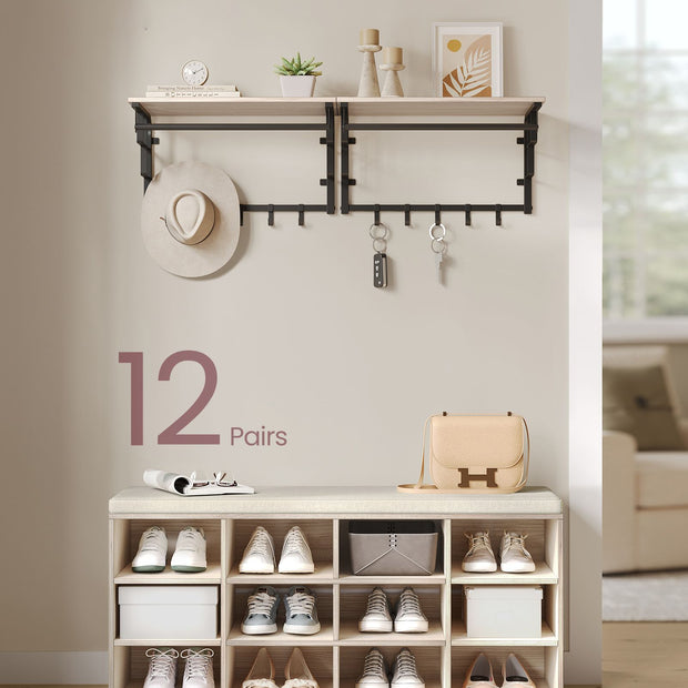 Storage Bench – Wood – Natural Beige – Padded Seat with 12 Compartments