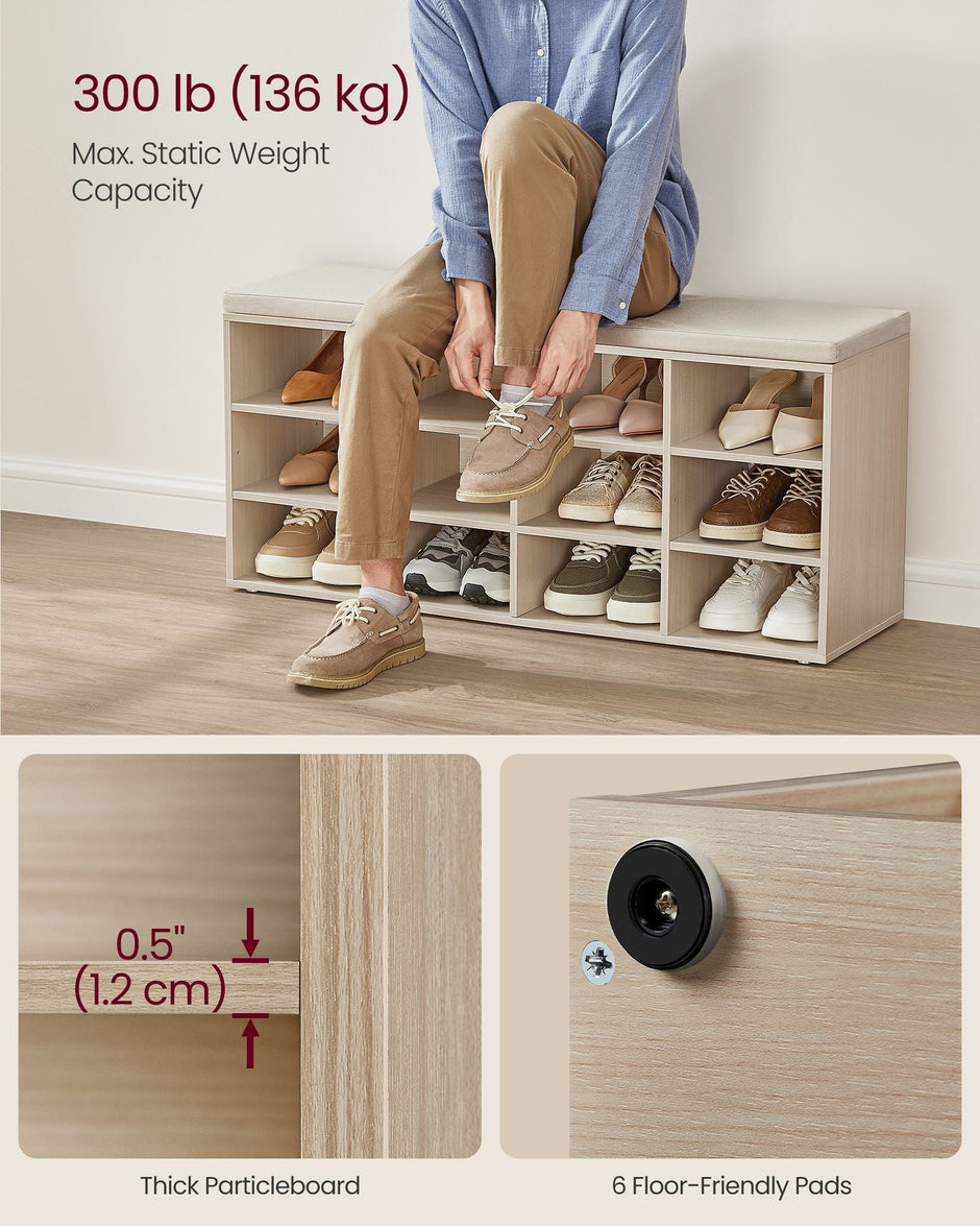 Storage Bench – Wood – Natural Beige – Padded Seat with 12 Compartments