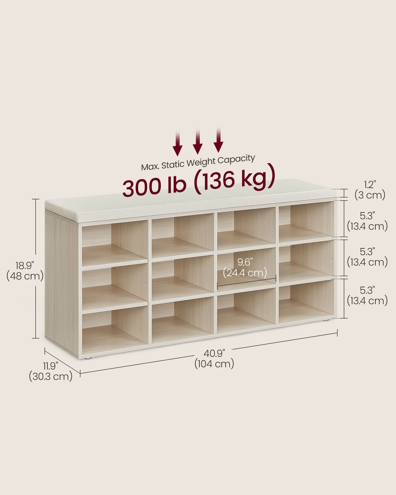 Storage Bench – Wood – Natural Beige – Padded Seat with 12 Compartments