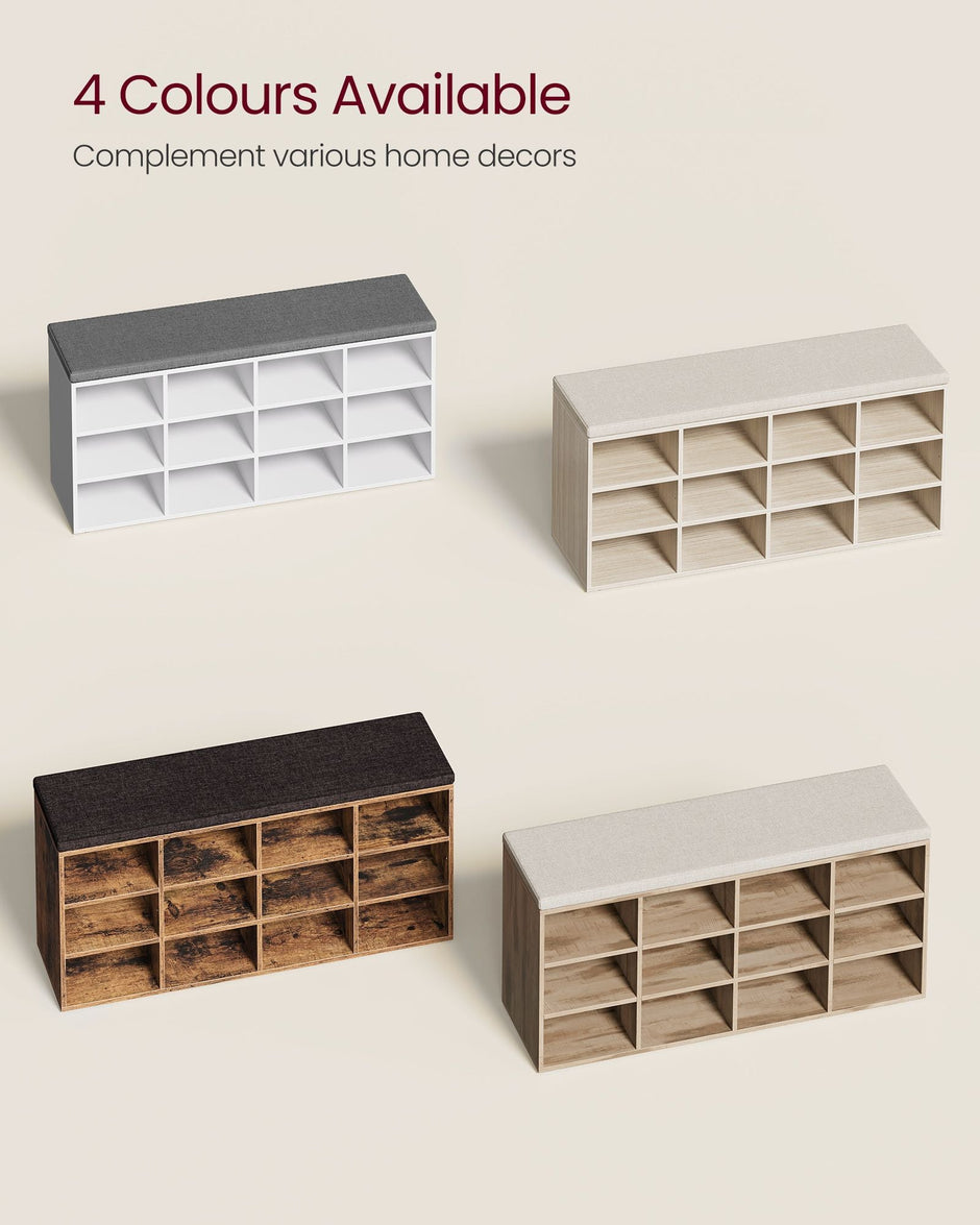 Storage Bench – Wood – Natural Beige – Padded Seat with 12 Compartments