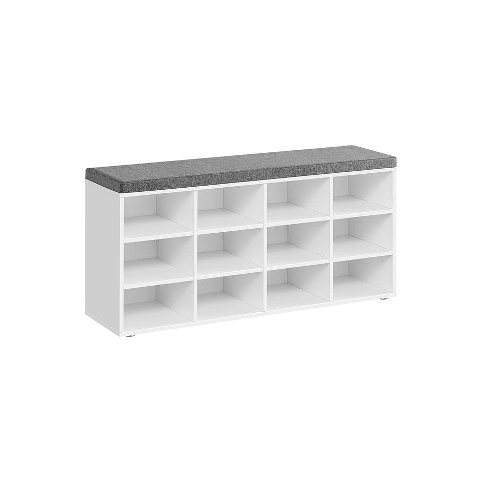 Shoe Bench – Wood – Classic White – Padded Seat with 12 Adjustable Compartments