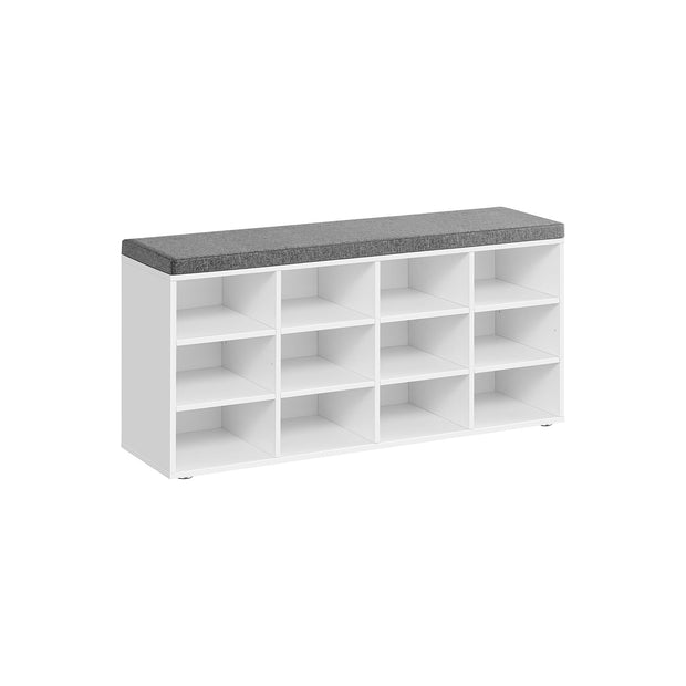 Shoe Bench – Wood – Classic White – Padded Seat with 12 Adjustable Compartments