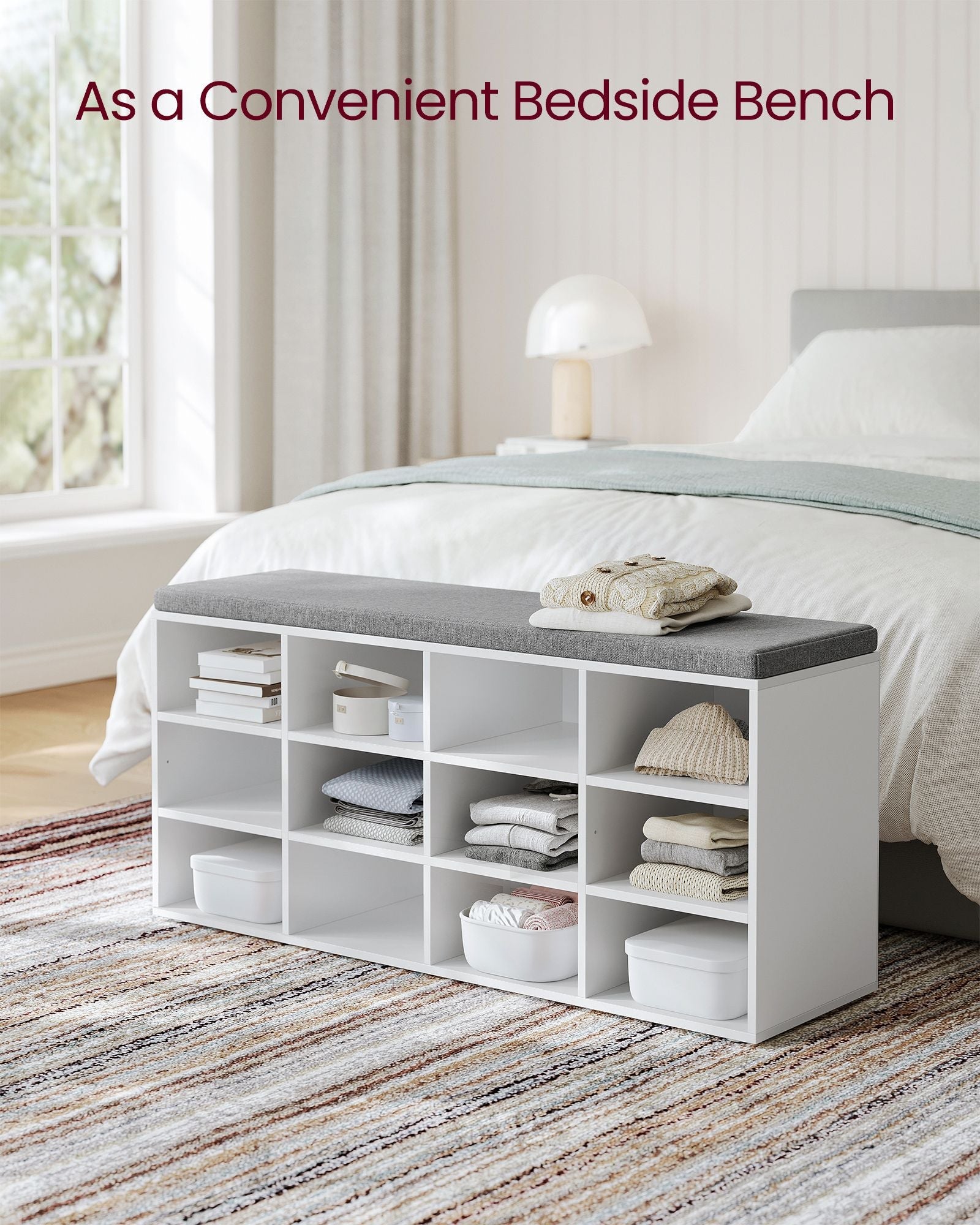 Shoe Bench – Wood – Classic White – Padded Seat with 12 Adjustable Compartments