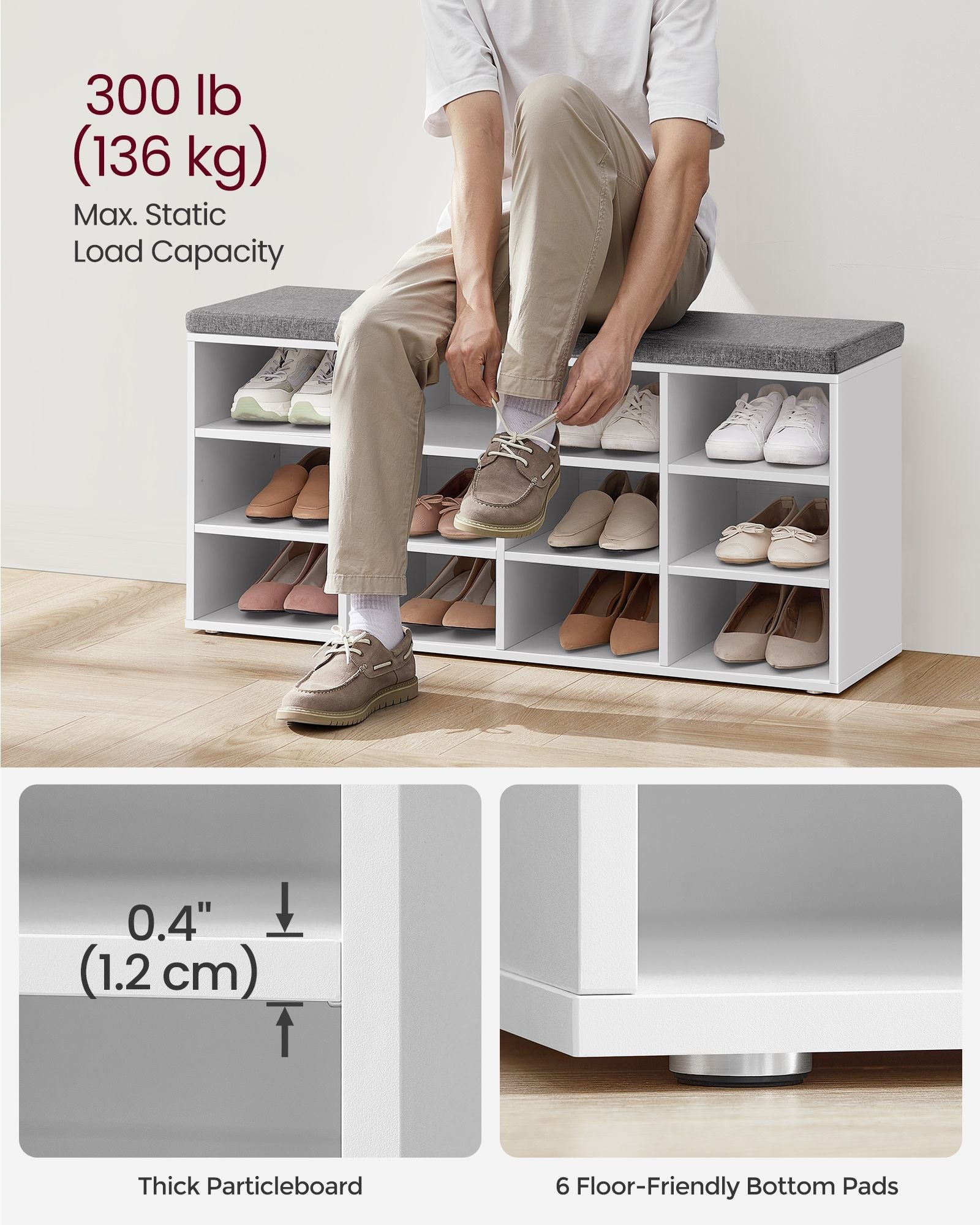 Shoe Bench – Wood – Classic White – Padded Seat with 12 Adjustable Compartments