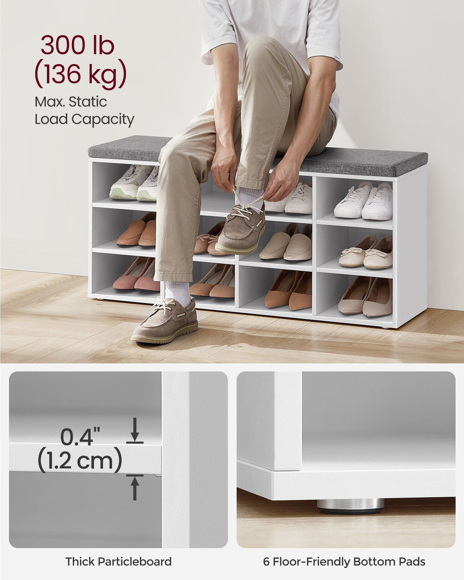 Shoe Bench – Wood – Classic White – Padded Seat with 12 Adjustable Compartments