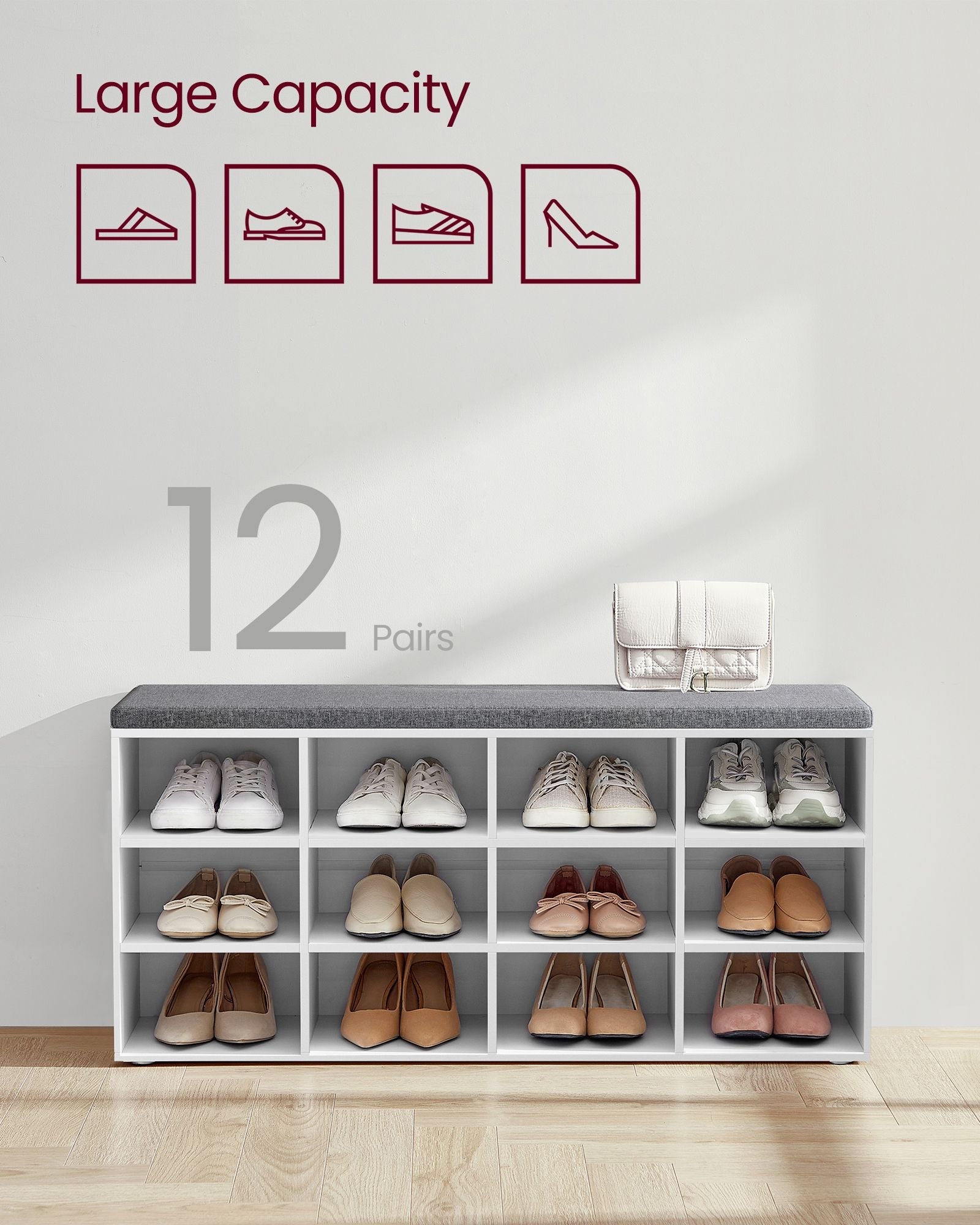 Shoe Bench – Wood – Classic White – Padded Seat with 12 Adjustable Compartments