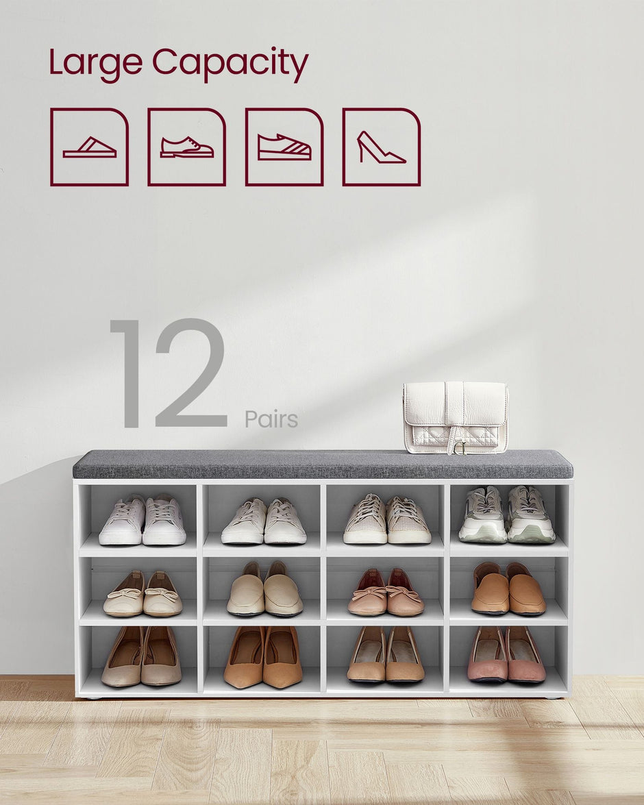 Shoe Bench – Wood – Classic White – Padded Seat with 12 Adjustable Compartments