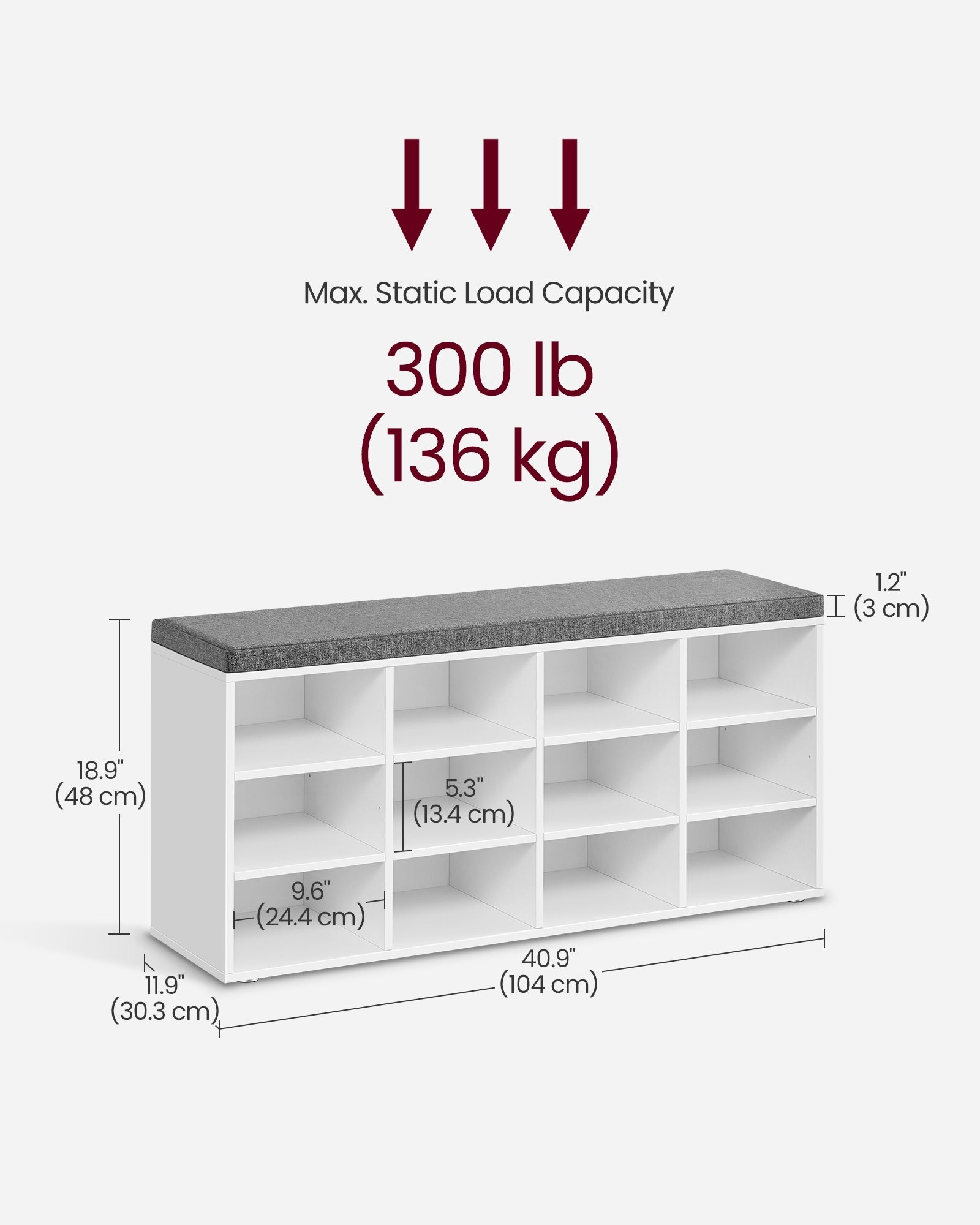 Shoe Bench – Wood – Classic White – Padded Seat with 12 Adjustable Compartments