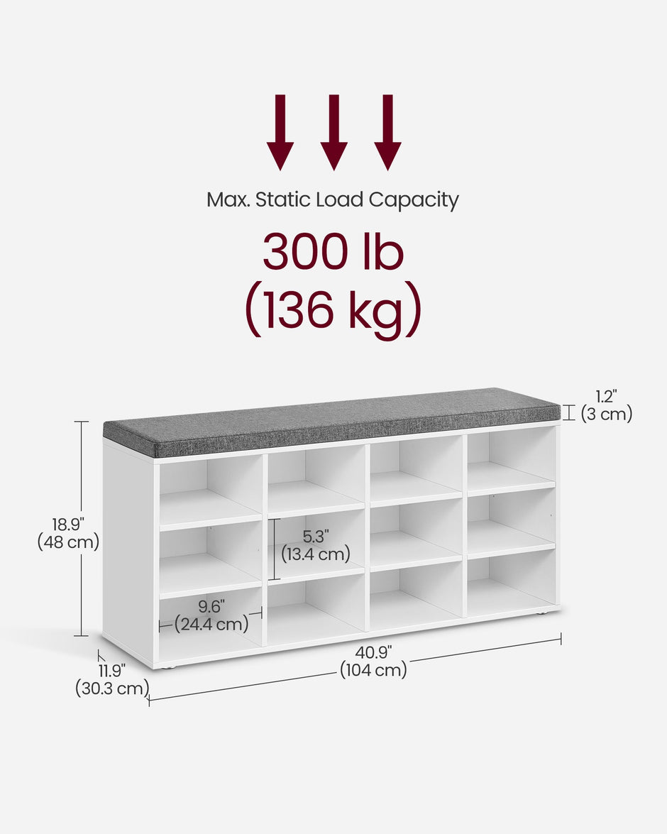 Shoe Bench – Wood – Classic White – Padded Seat with 12 Adjustable Compartments