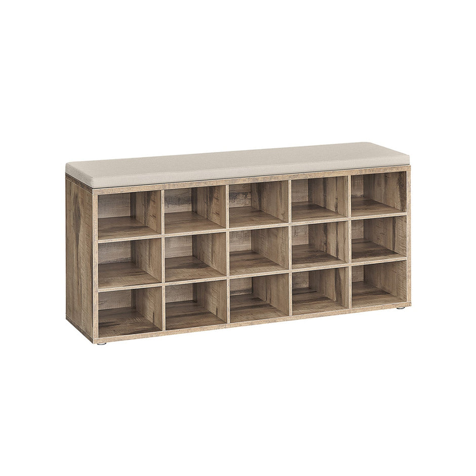 Shoe Bench – Wood – Camel Brown and Cappuccino Beige – 15 Open Storage Compartments with Cushion