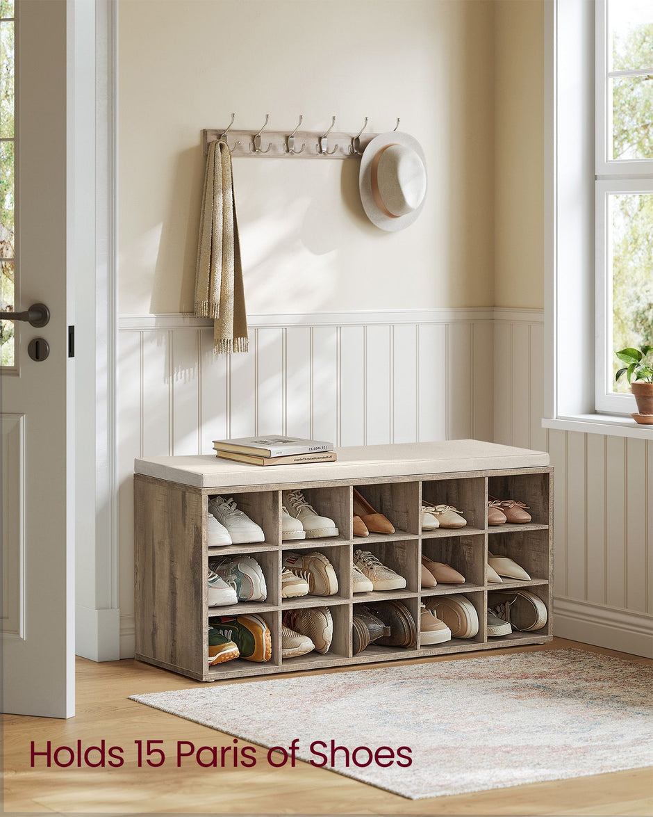 Shoe Bench – Wood – Camel Brown and Cappuccino Beige – 15 Open Storage Compartments with Cushion