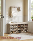 Shoe Bench – Wood – Camel Brown and Cappuccino Beige – 15 Open Storage Compartments with Cushion