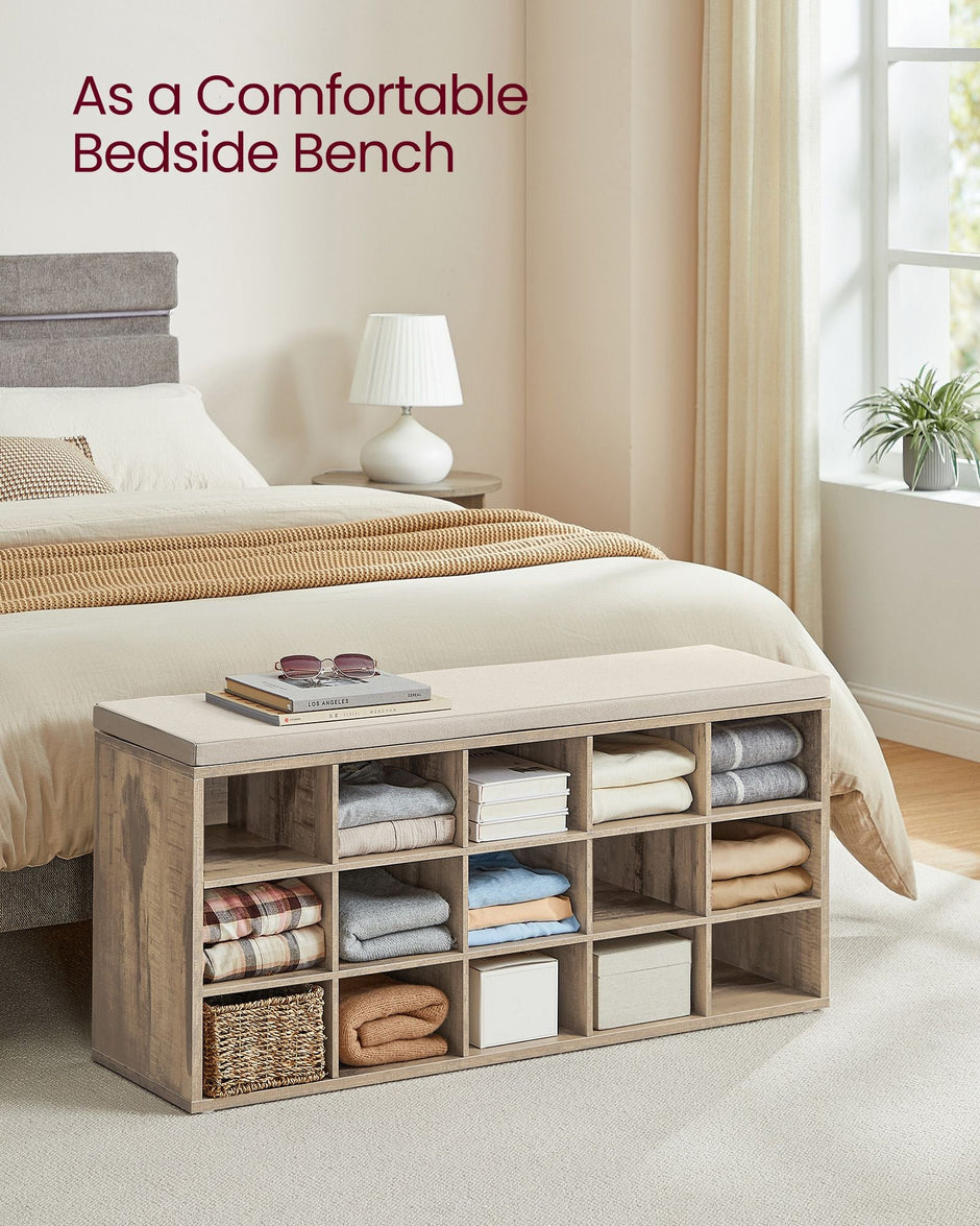 Shoe Bench – Wood – Camel Brown and Cappuccino Beige – 15 Open Storage Compartments with Cushion