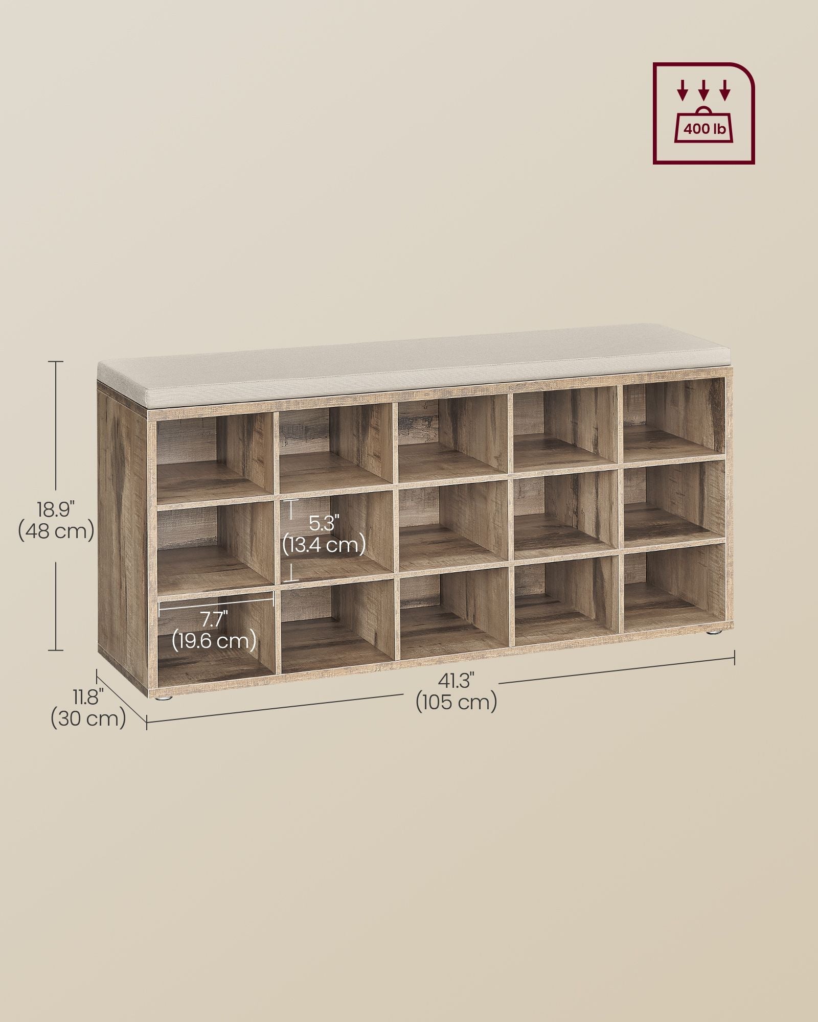 Shoe Bench – Wood – Camel Brown and Cappuccino Beige – 15 Open Storage Compartments with Cushion
