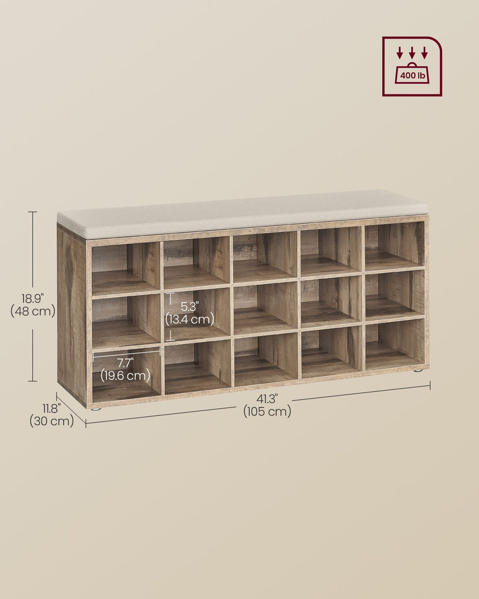 Shoe Bench – Wood – Camel Brown and Cappuccino Beige – 15 Open Storage Compartments with Cushion