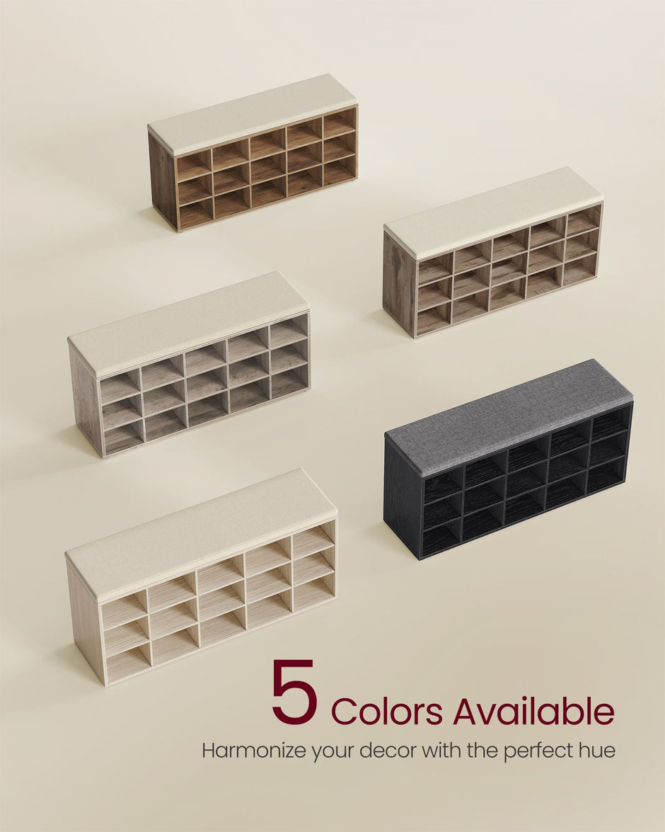 Shoe Bench – Wood – Camel Brown and Cappuccino Beige – 15 Open Storage Compartments with Cushion