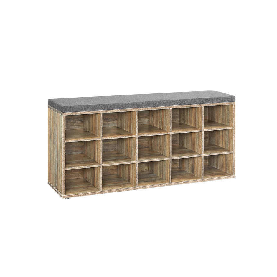 Shoe Storage Bench – Wood – Natural – 15 Open Compartments with Cushion