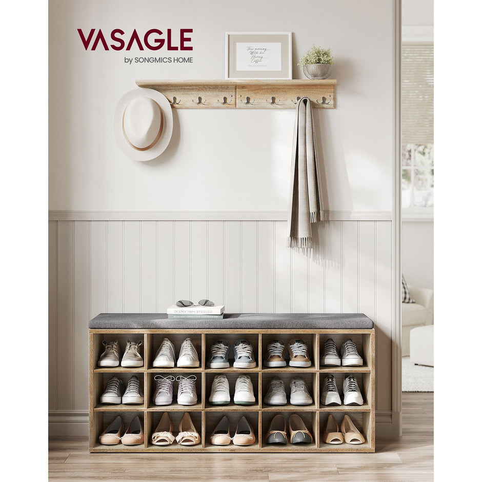 Shoe Storage Bench – Wood – Natural – 15 Open Compartments with Cushion