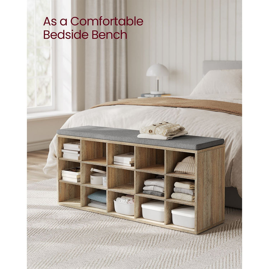 Shoe Storage Bench – Wood – Natural – 15 Open Compartments with Cushion