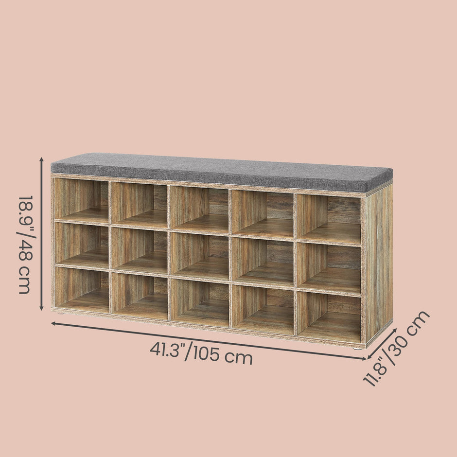 Shoe Bench – Wood – Natural Finish – Padded Seat with 15 Compartment Storage