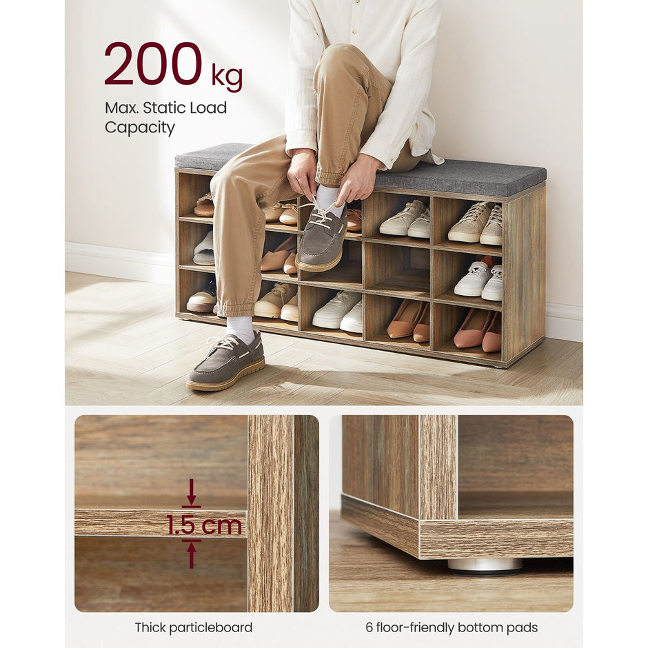 Shoe Storage Bench – Wood – Natural – 15 Open Compartments with Cushion
