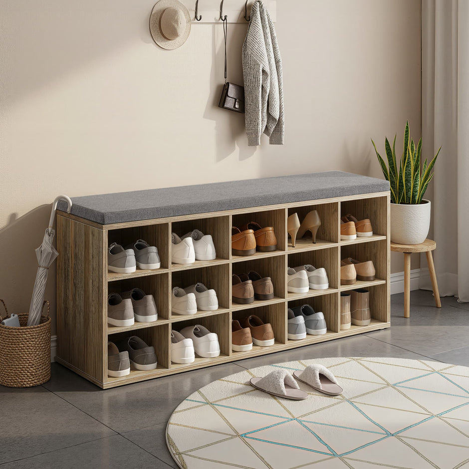 Shoe Bench – Wood – Natural Finish – Padded Seat with 15 Compartment Storage