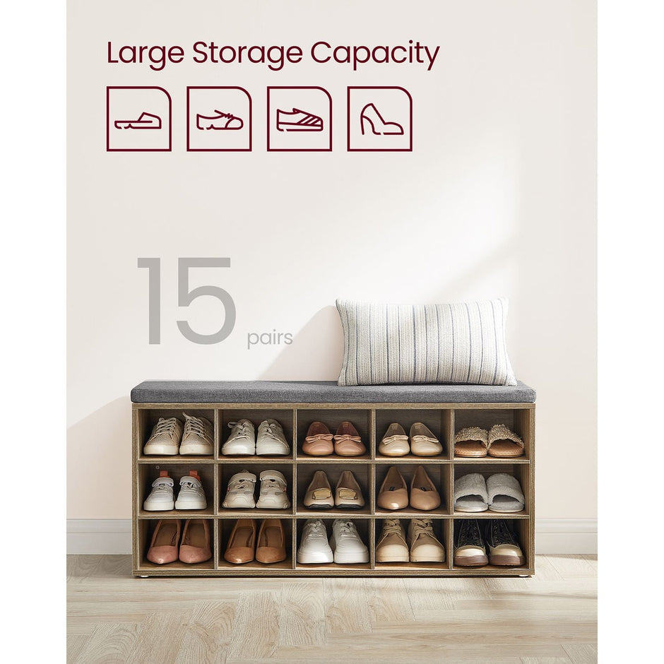 Shoe Storage Bench – Wood – Natural – 15 Open Compartments with Cushion