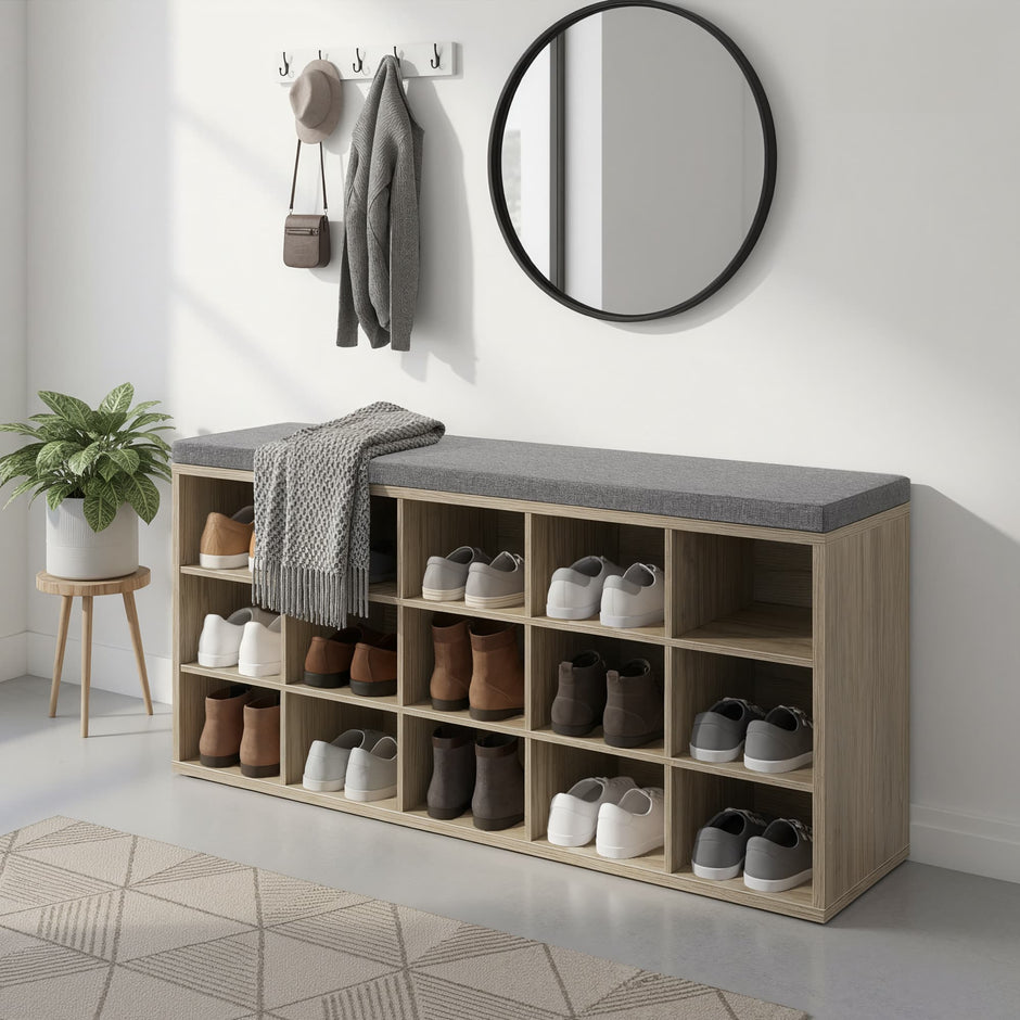 Shoe Bench – Wood – Natural Finish – Padded Seat with 15 Compartment Storage