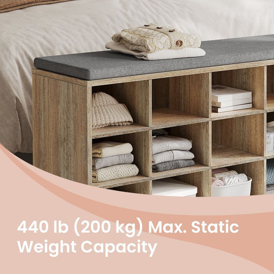 Shoe Bench – Wood – Natural Finish – Padded Seat with 15 Compartment Storage