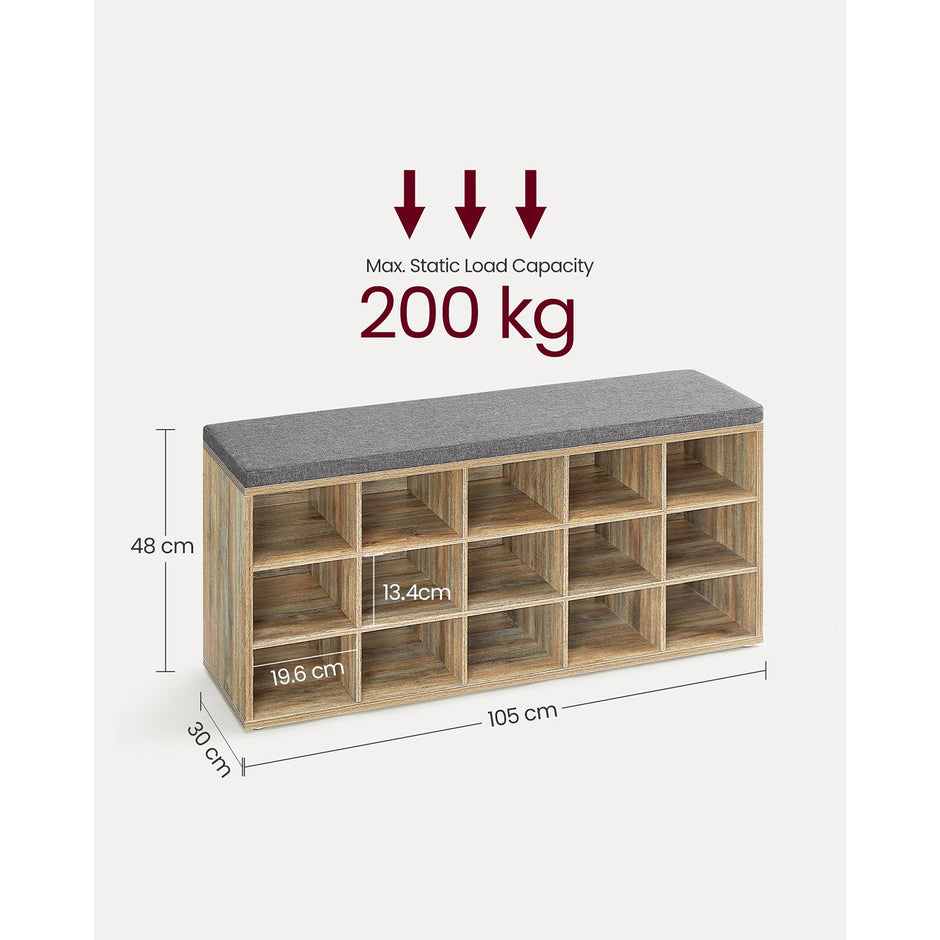 Shoe Storage Bench – Wood – Natural – 15 Open Compartments with Cushion