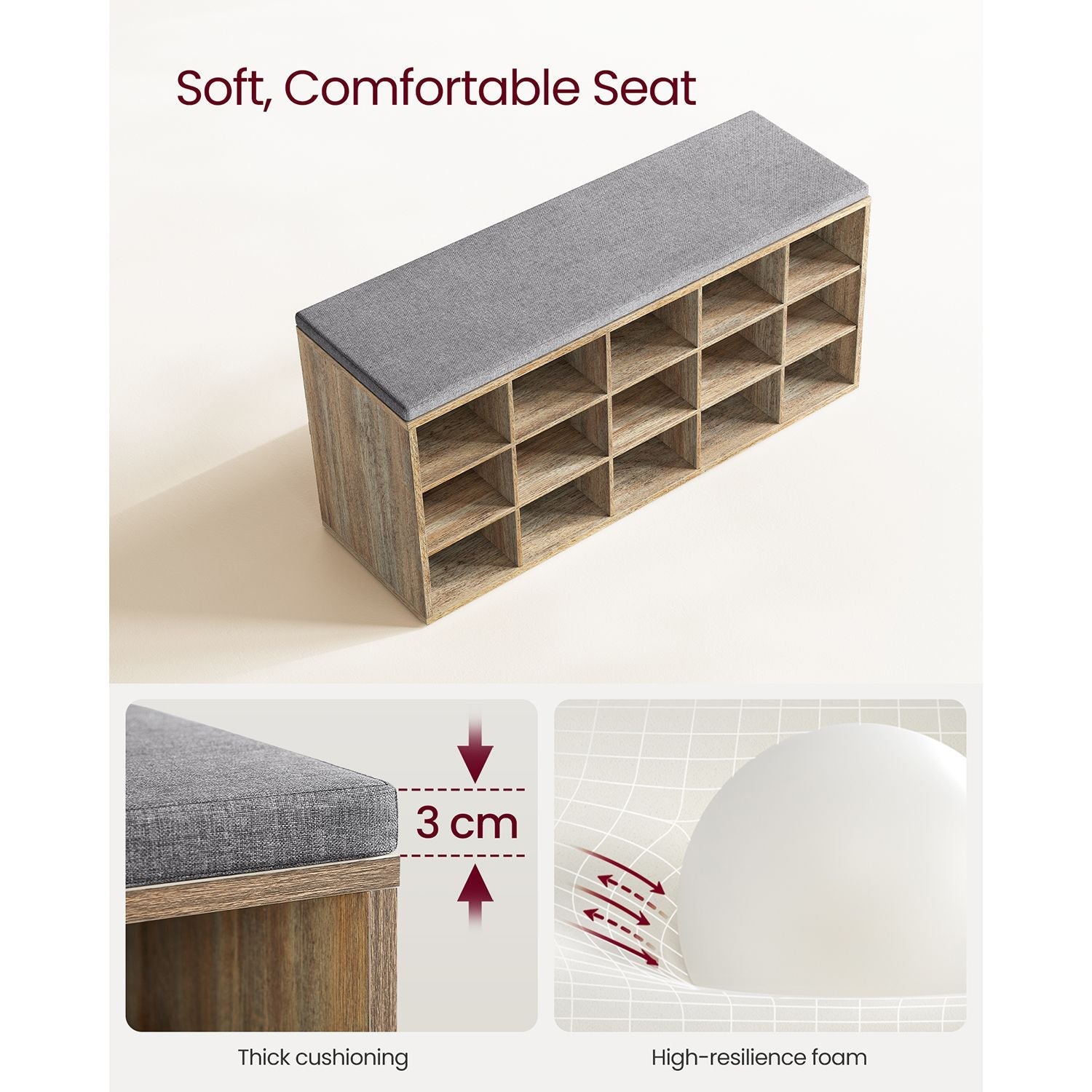 Shoe Storage Bench – Wood – Natural – 15 Open Compartments with Cushion