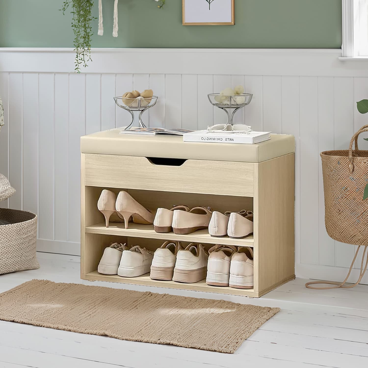 Shoe Storage Bench – Wood and Fabric – Natural Beige – Cushioned Seat with 3 Storage Compartments