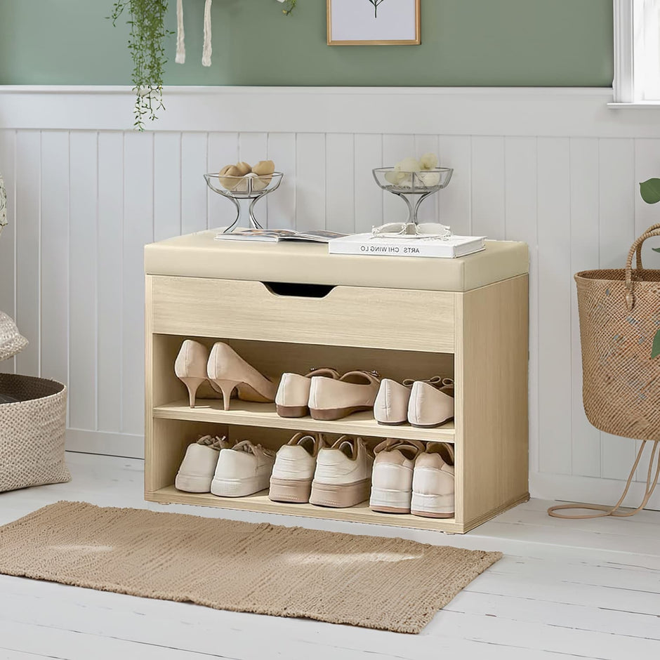 Shoe Storage Bench – Wood and Fabric – Natural Beige – Cushioned Seat with 3 Storage Compartments