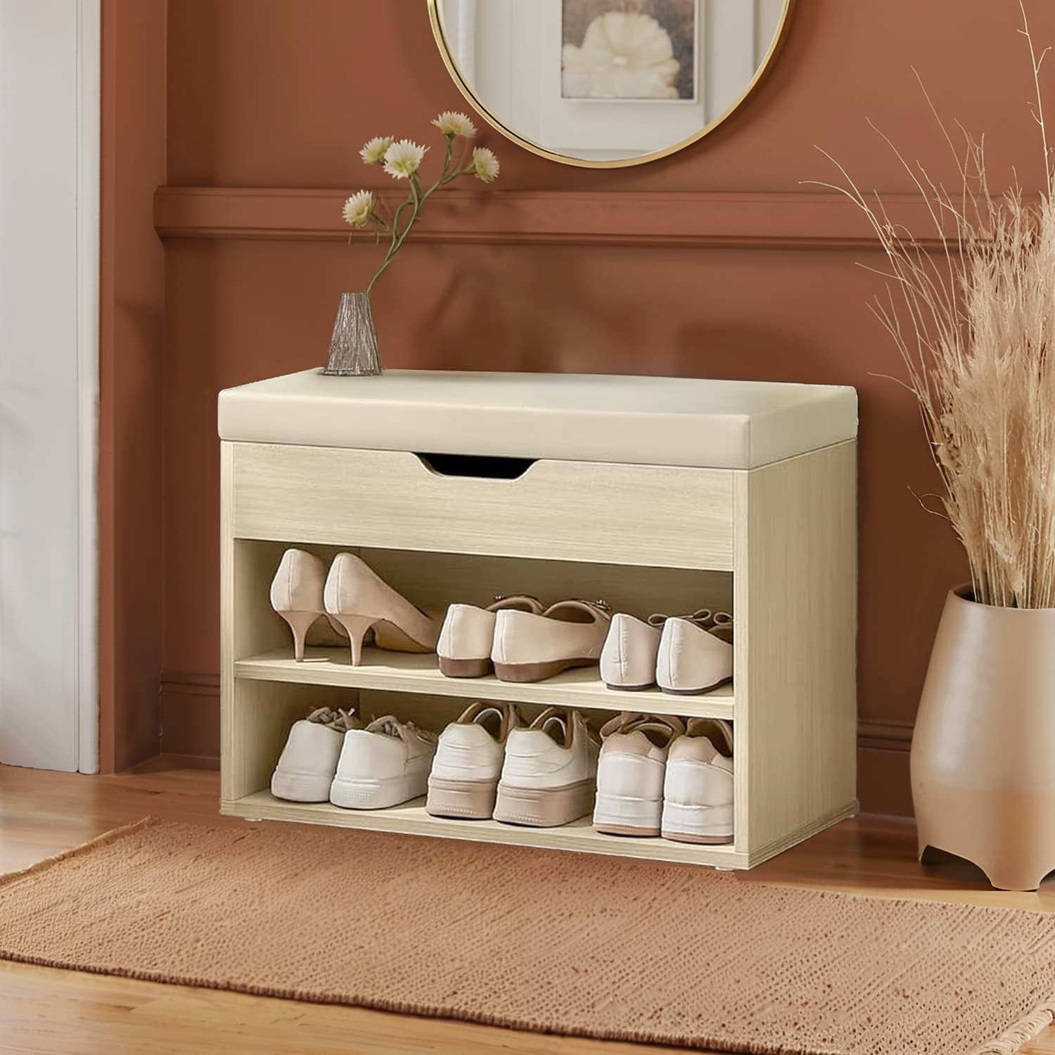 Shoe Storage Bench – Wood and Fabric – Natural Beige – Cushioned Seat with 3 Storage Compartments