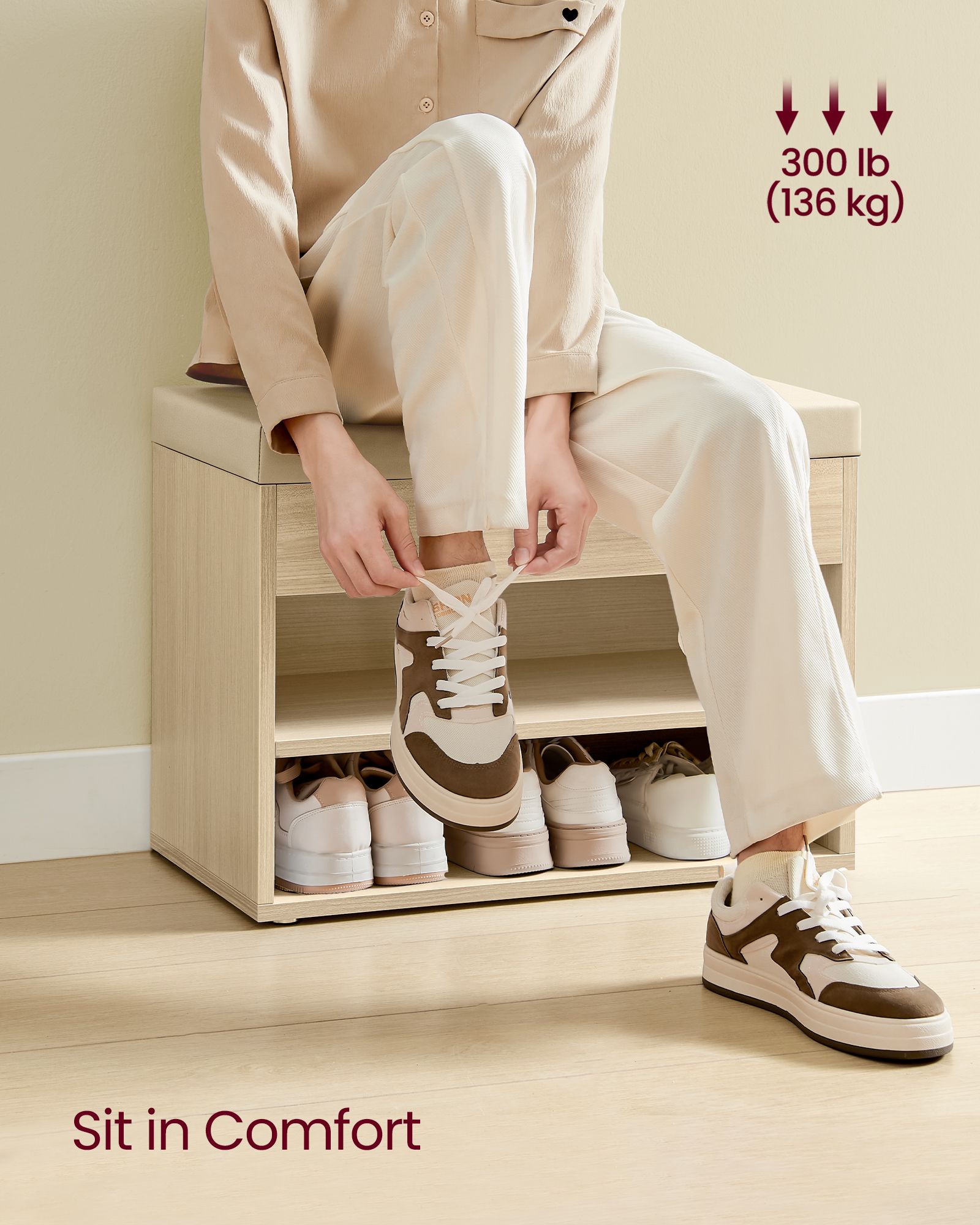 Shoe Bench – Fabric – Natural Beige – Padded Seat