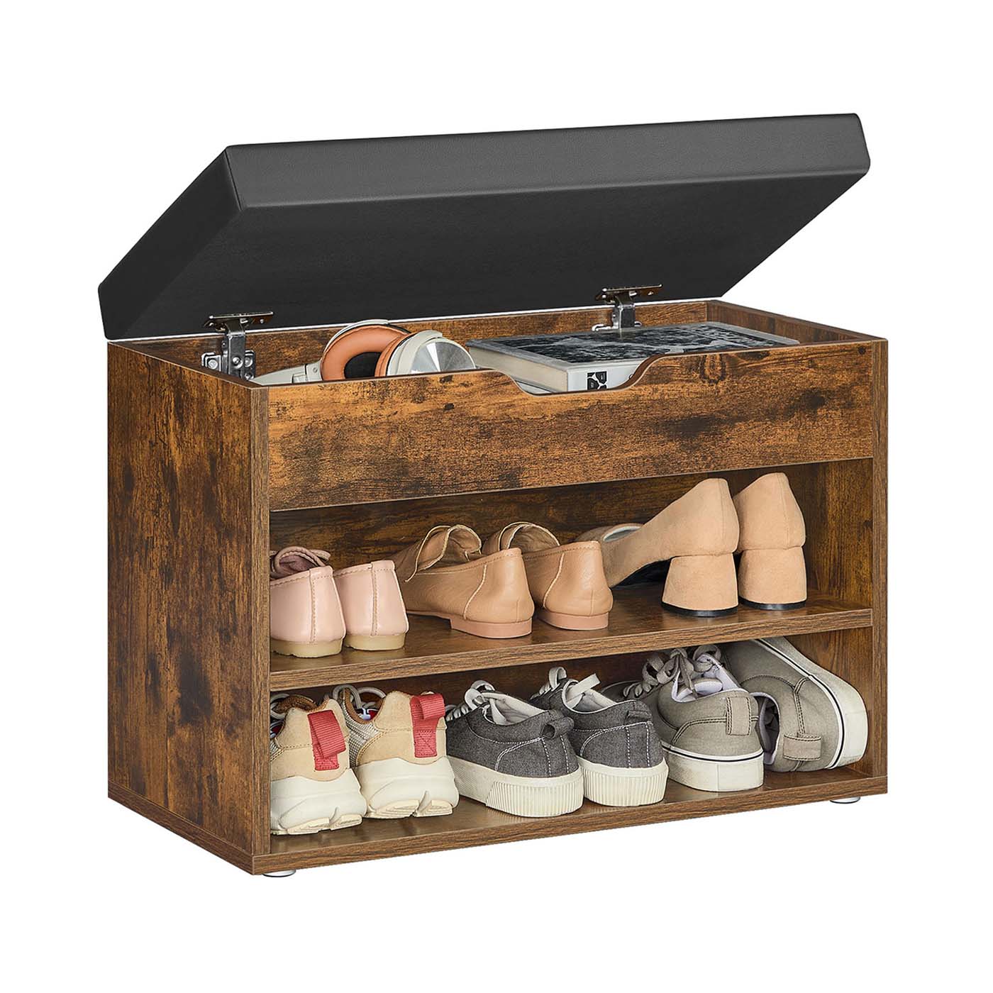 Shoe Bench – Wood – Rustic Brown – Cushioned Seating with 3 Compartments, 30 x 60 x 44 cm