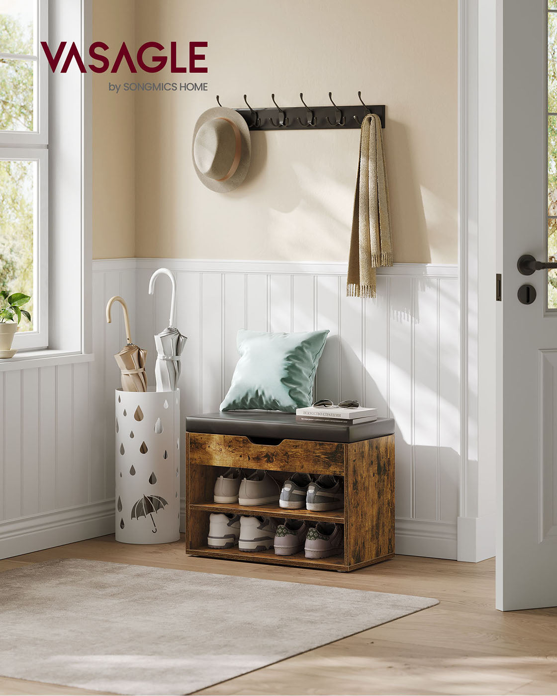 Shoe Bench – Wood – Rustic Brown – Cushioned Seating with 3 Compartments, 30 x 60 x 44 cm