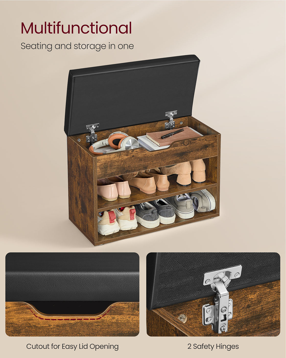 Shoe Bench – Wood – Rustic Brown – Cushioned Seating with 3 Compartments, 30 x 60 x 44 cm